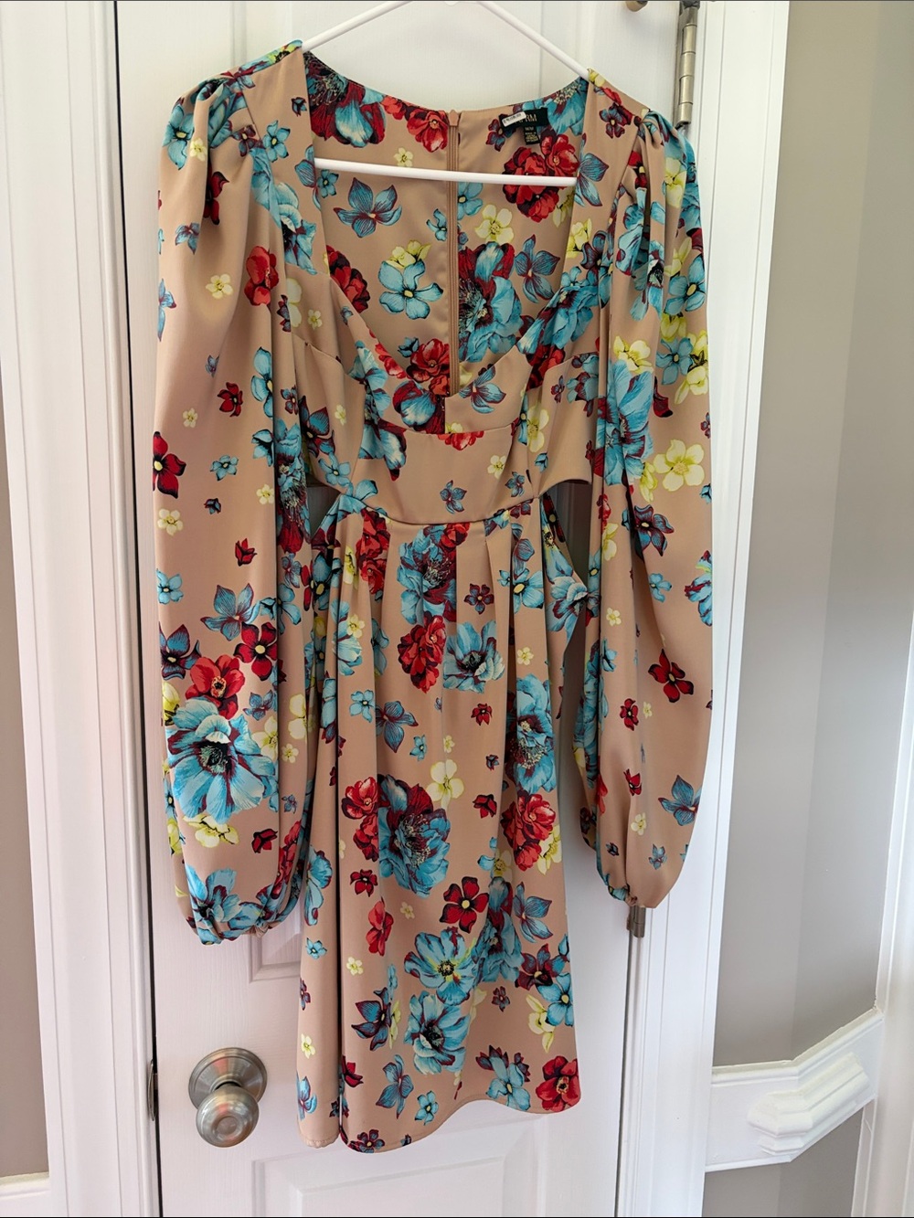 AFRM Beige Floral V-Neck Long Sleeve Mini Dress with Blue, Red & Yellow Flowers